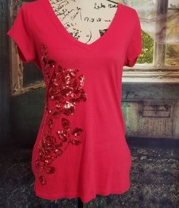 Limited Striking Red Tee w Floral Sequined Detail